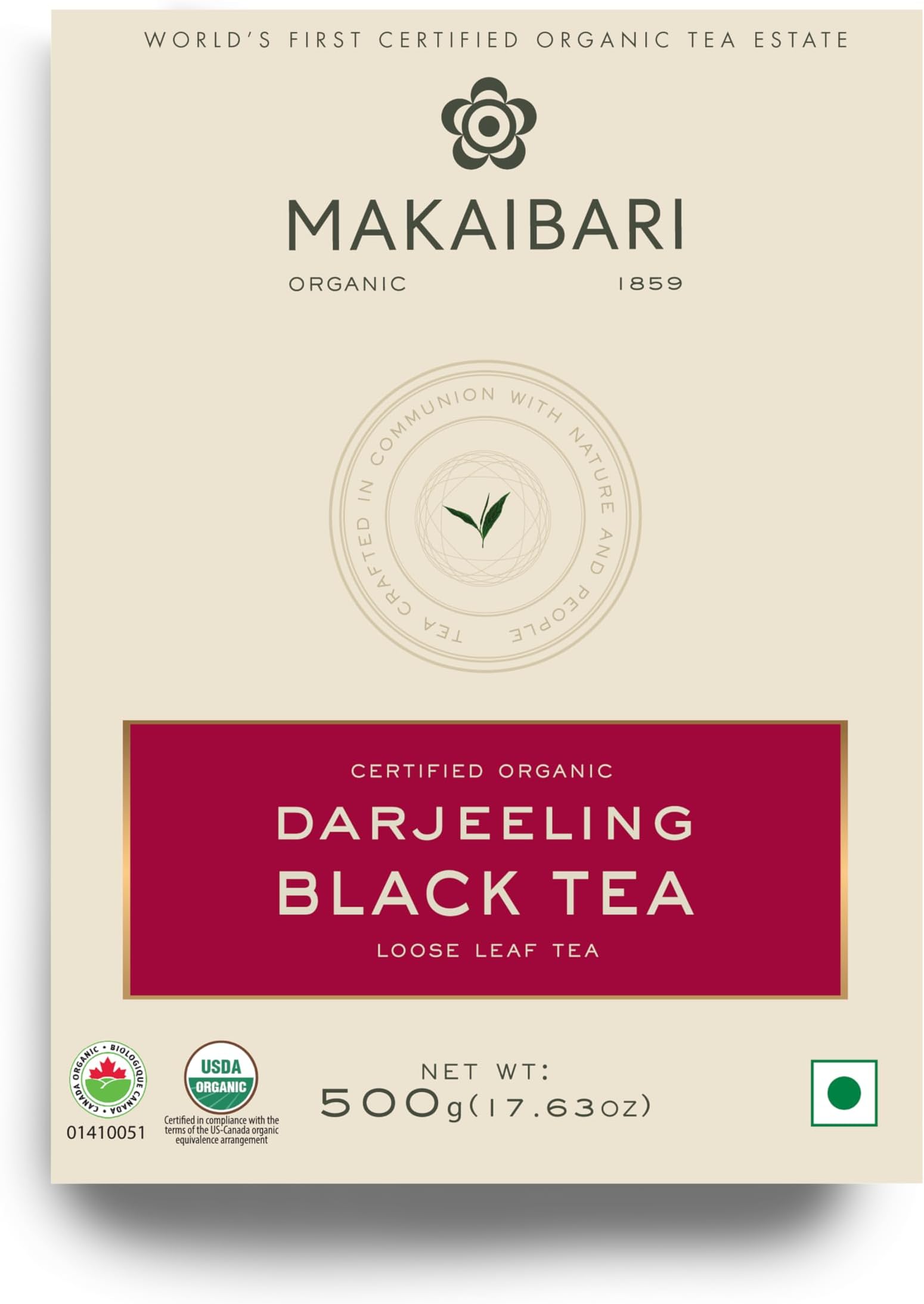 Makaibari Darjeeling Organic Black Tea, 500g Loose Leaf MonoCarton | Single Estate Whole Leaf Tea | Rich Aroma, Muscatel Flavor & Smooth Taste