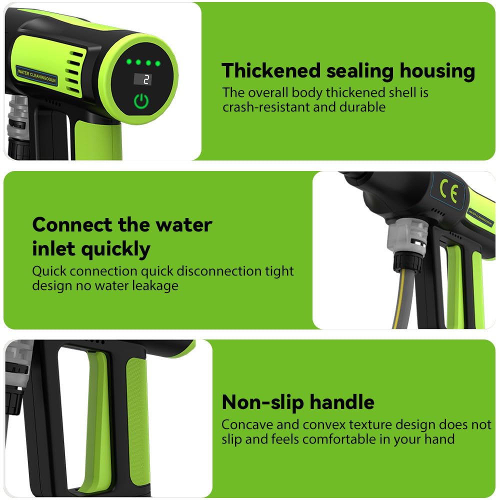 Pulitore ad alta pressione senza fili con 65 Bar & 6 modalità spray (Verde) | Ugello portatile 6 in 1 per auto, pistola ad acqua lavaggio auto con batterie, raccordo rubinetto per auto, Jardi