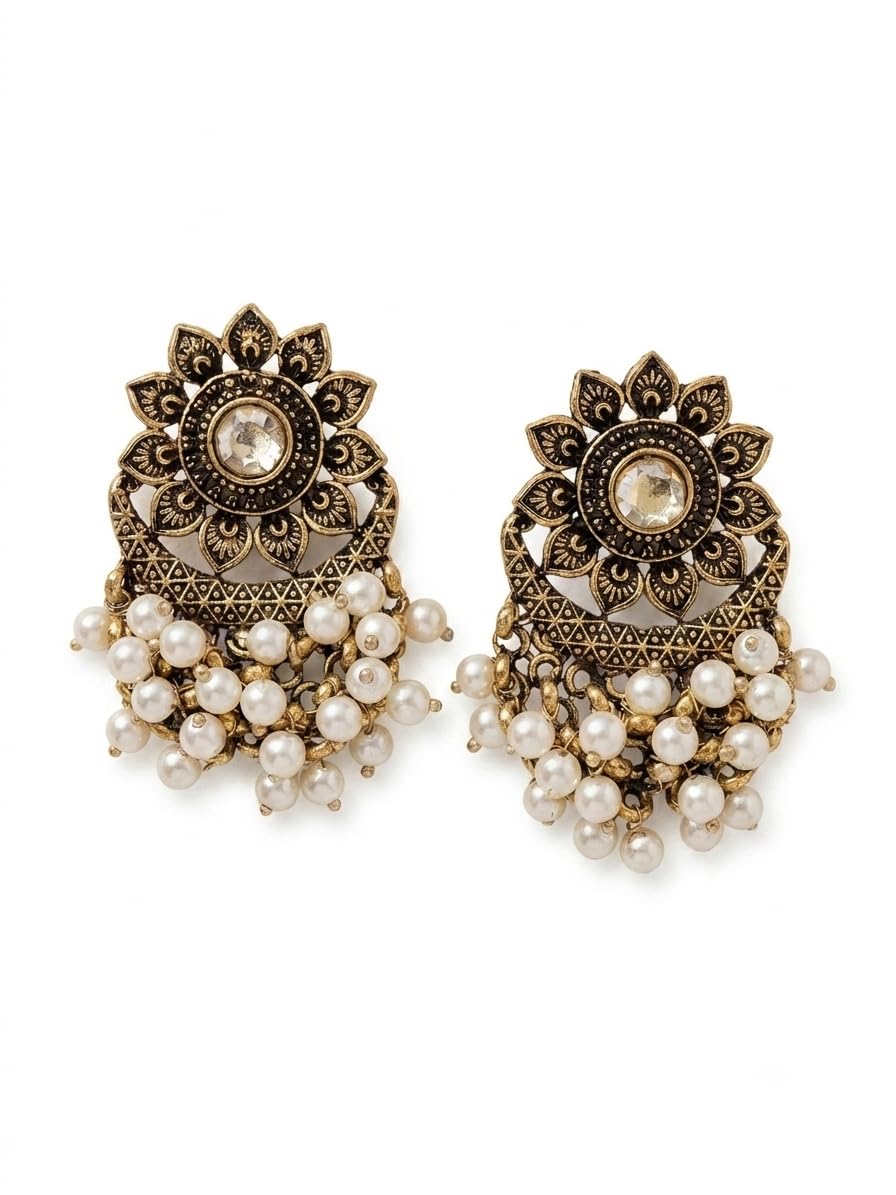 Antique Gold Kundan Chandbali Jhumka Earrings with Pearl Drops-picture-42