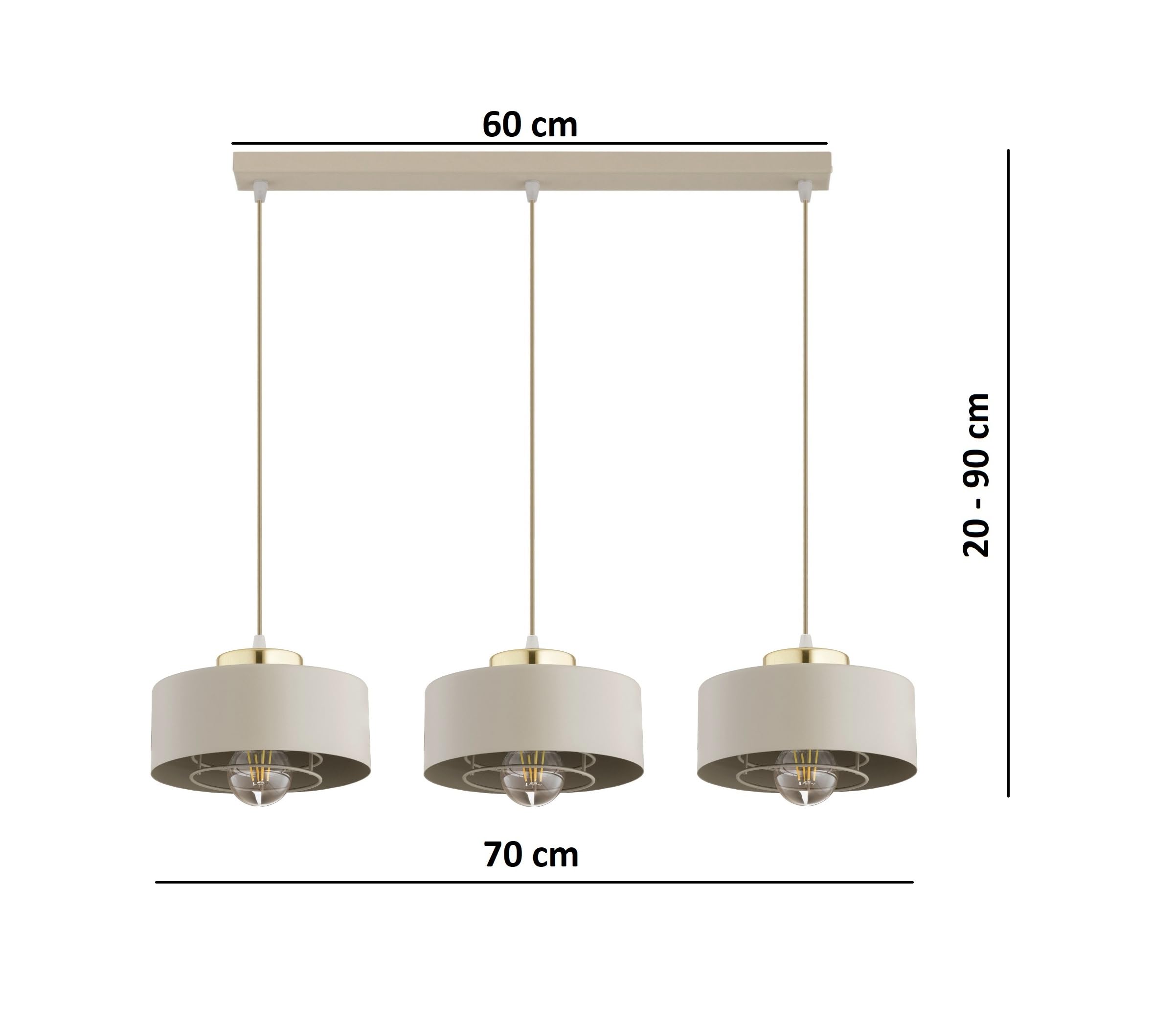 Pendelleuchte 3-flammig aus Metall in Beige, höhenverstellbar | E27 Fassung | LED geeignet | Hängelampe für Wohnzimmer, Esszimmer, Küche, Büro oder Schlafzimmer