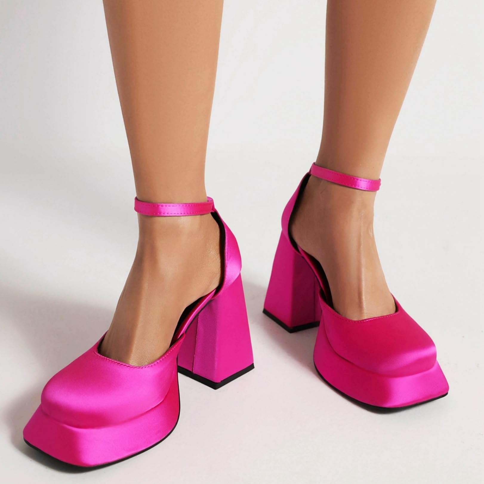 Generico Scarpe da Sposa e Damigella Donna in Raso a Punta Chiusa | Décolleté da Sposa con Plateau, Tacco Largo Alto, Cinturino Regolabile con Fibbia, Cerimonia, Sera