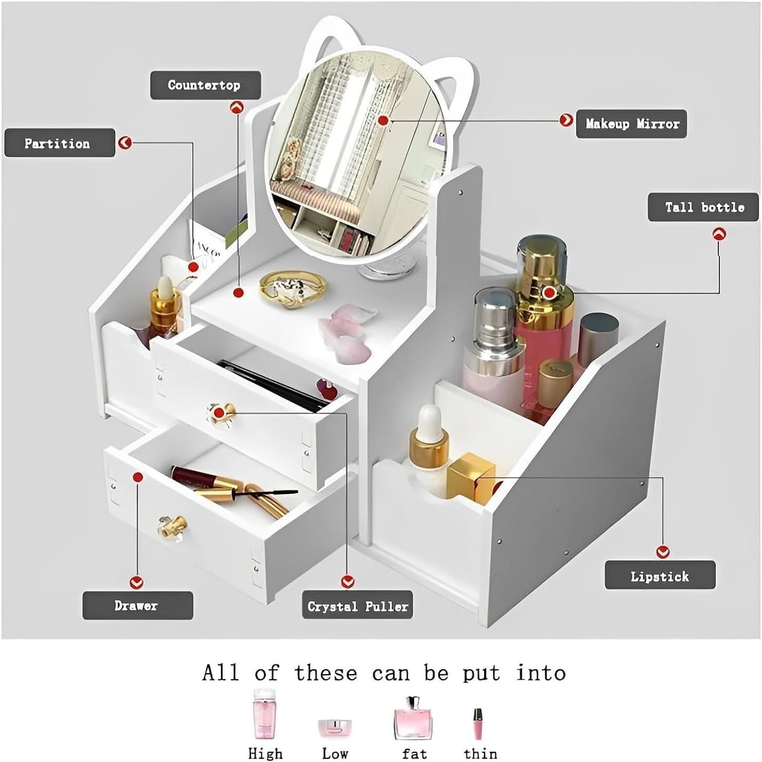 KTRS Enterprise Wooden Desktop Storage Box DIY Detachable Assembly Cosmetic Mirror Household Double Drawer Compartment Cosmetic Storage Mirror 4