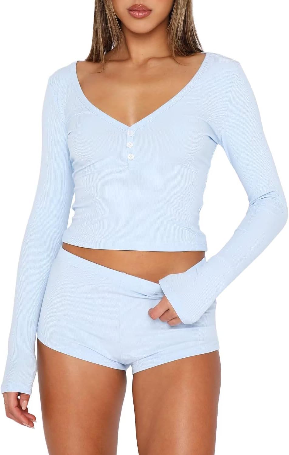 LEEDYA Womens Long Sleeve Pajama Sets 2 Piece V Neck Lounge Set Sleepwear image 5