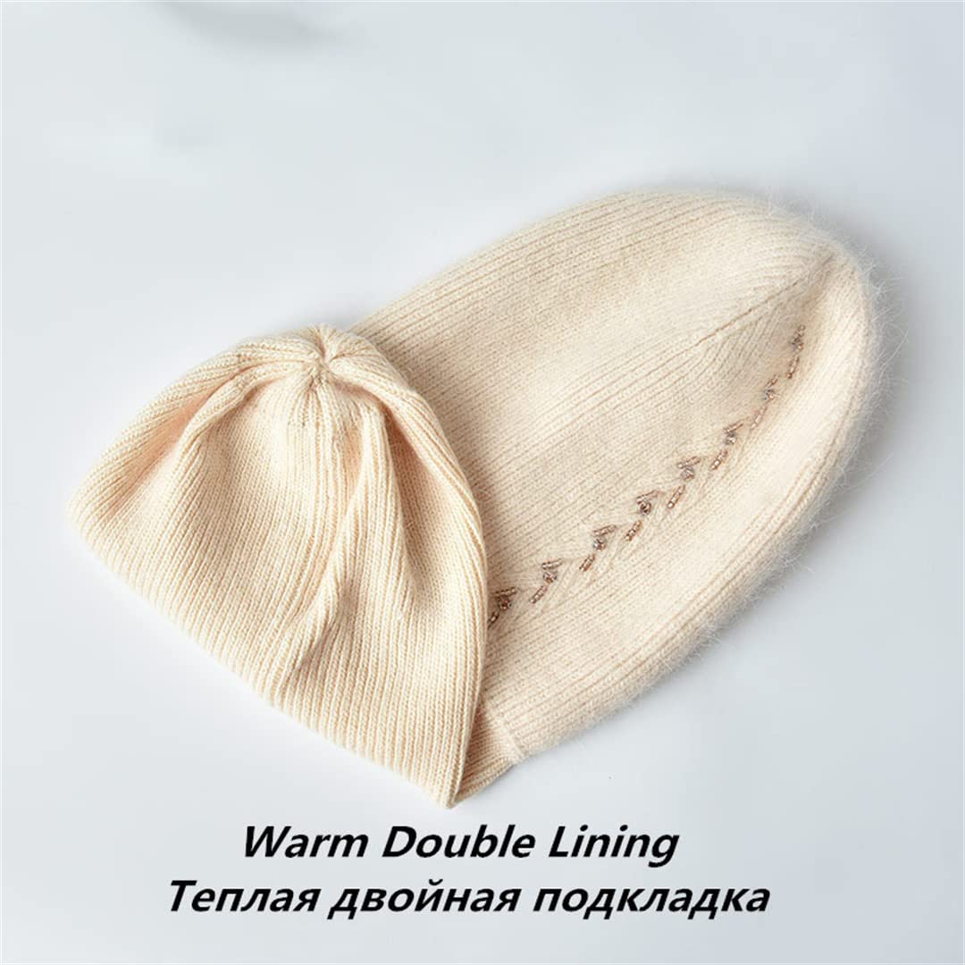 Sombreros cálidos de Invierno para Mujer, Gorros de Punto de Lana de Angora Suave para Mujer, Gorros Gruesos de Calavera de Doble Forro