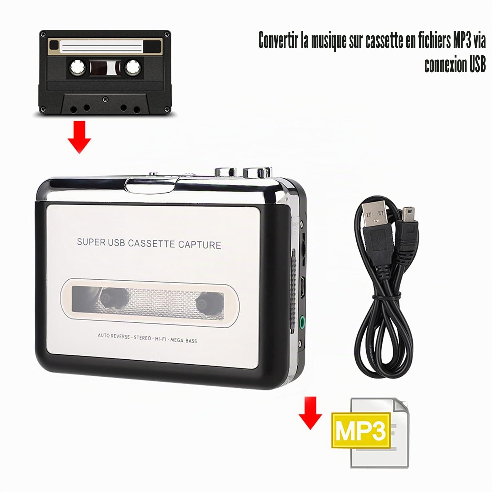 Lecteur de Cassette USB convertisseur de Bande en MP3, Portable de Lecteur de Musique avec Écouteurs, pour Convertir des Cassettes en MP3 Numérique Via USB