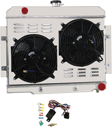 Primecooling - Radiador de aluminio de 4 filas + ventilador de 2 x 12 pulgadas + cubierta para Jeep CJ Series CJ5 CJ6 CJ7 con motor GM Chevy SWAP