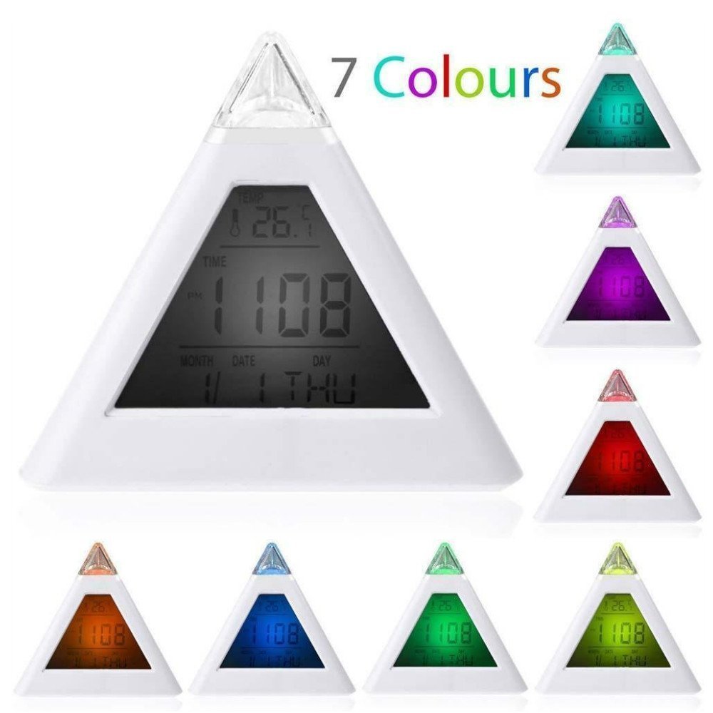 7 LED Color Changing Pyramid Digital Alarm Clock Fashion Electronic Alarm Thermometer Calendar Clock
