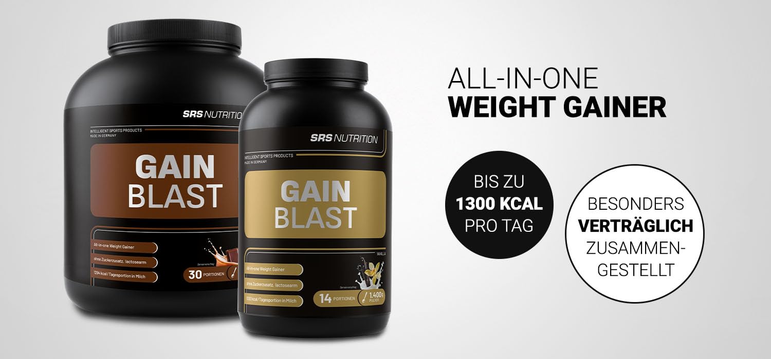 SRS Muscle - Gain Blast XXL, 3.000 g, Schoko | Premium All-in-one Weight Gainer | 65:35 Ratio | ausschließlich natives Whey Isolat als Proteinquelle | ohne Aspartam | deutsche Premiumqualität