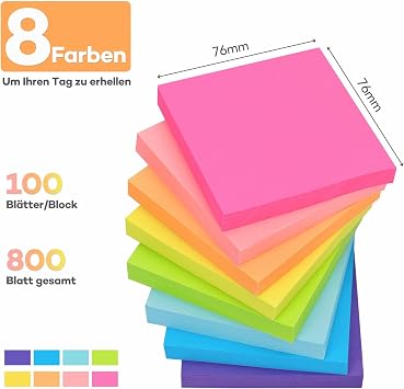 Willingood 800 adet renkli yapışkanlı not kağıdı, 76 x 76 cm, yazmak için, 8 renkli yapışkan notlar, yazı camı, tekrar yapıştırılabilir, kendinden yapışkanlı not kağıdı, ofis, ev, okul, toplantı için