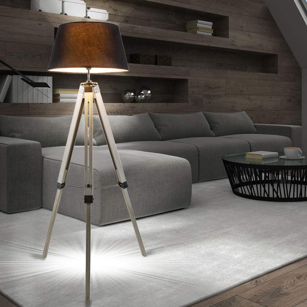Stehleuchte Wohnzimmer grau Stehlampe Metall Standleuchte Stativ Holz, Textilschirm, 1x E27 Fassung, DxH 65x145 cm