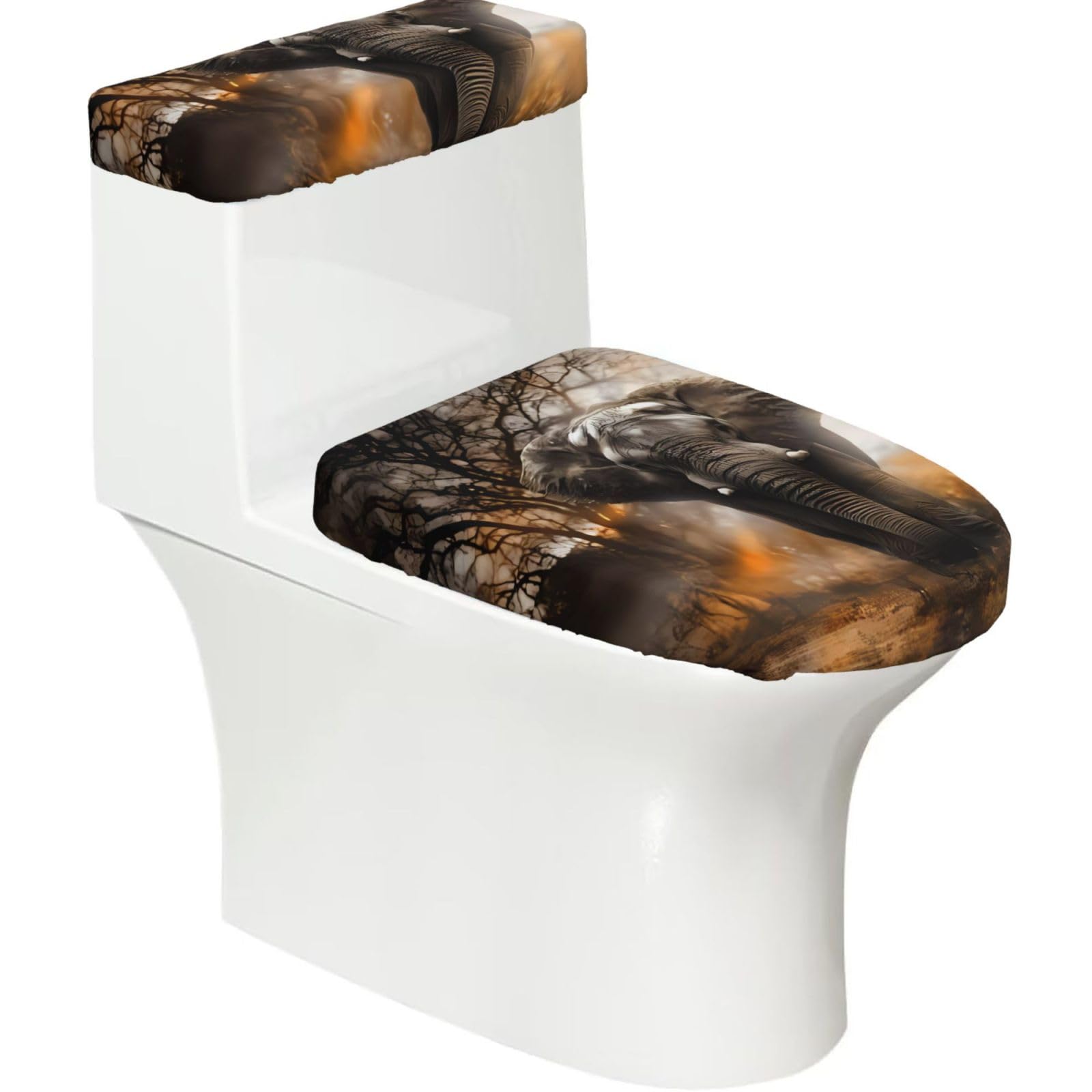 Tropical African Elephant 2-Piece Toilet Seat Cover Set with Tank Lid - Elastic for U-Shape & Elongated - Bathroom Decor