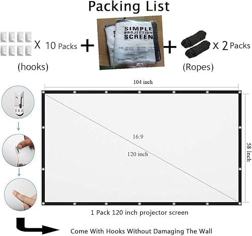 Miniatura 4 de MOIZ Pantalla de proyector de 120 pulgadas, 169, plegable, antiarrugas, portátil, para cine en casa, soporte para interiores y exteriores,
