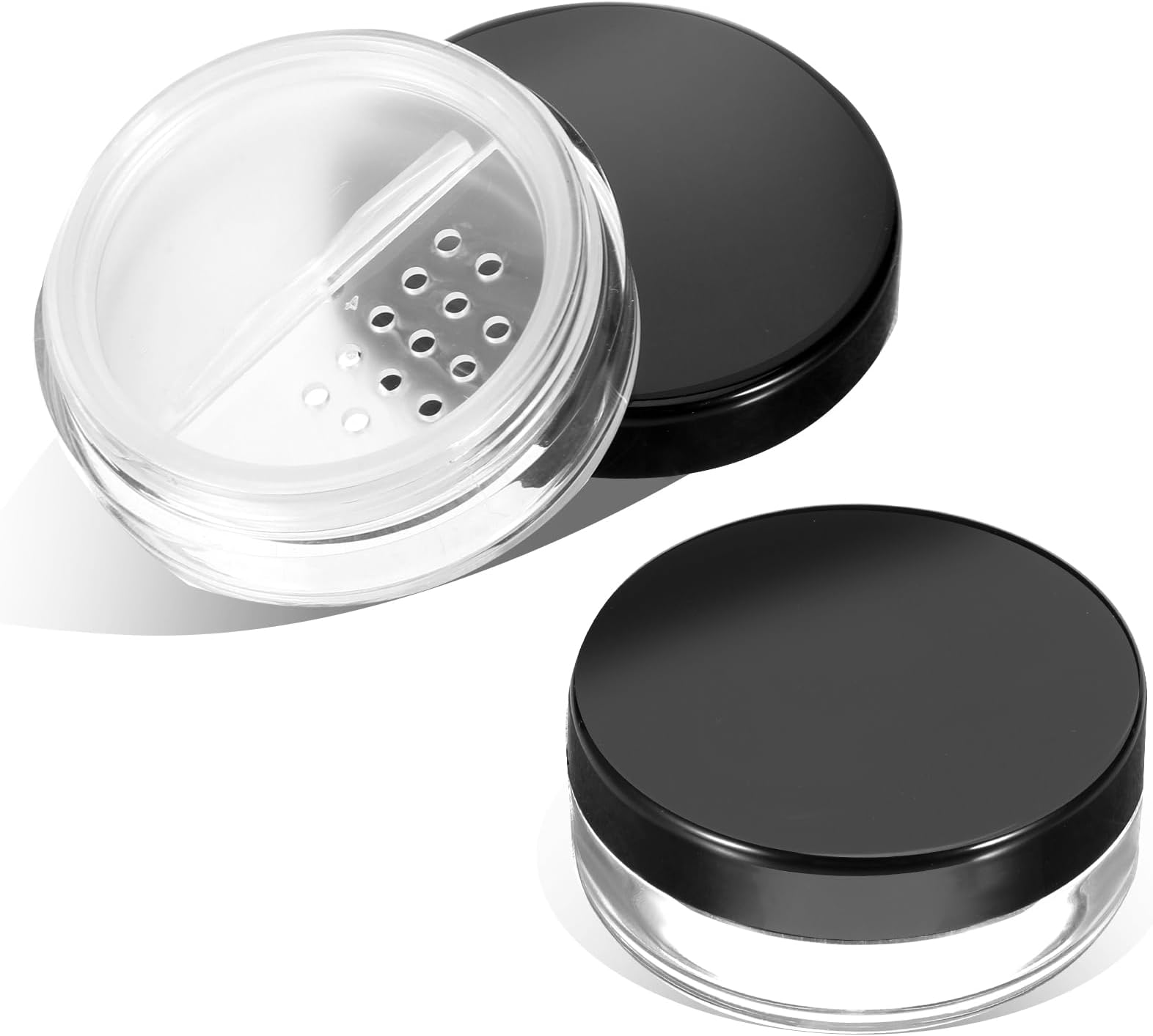 2pcs 10ml/0.34oz Refillable Loose Powder Containers - Plastic Empty Travel Small Compact With Rotatable Sifter and Black Screw Lid - Reusable No Leak