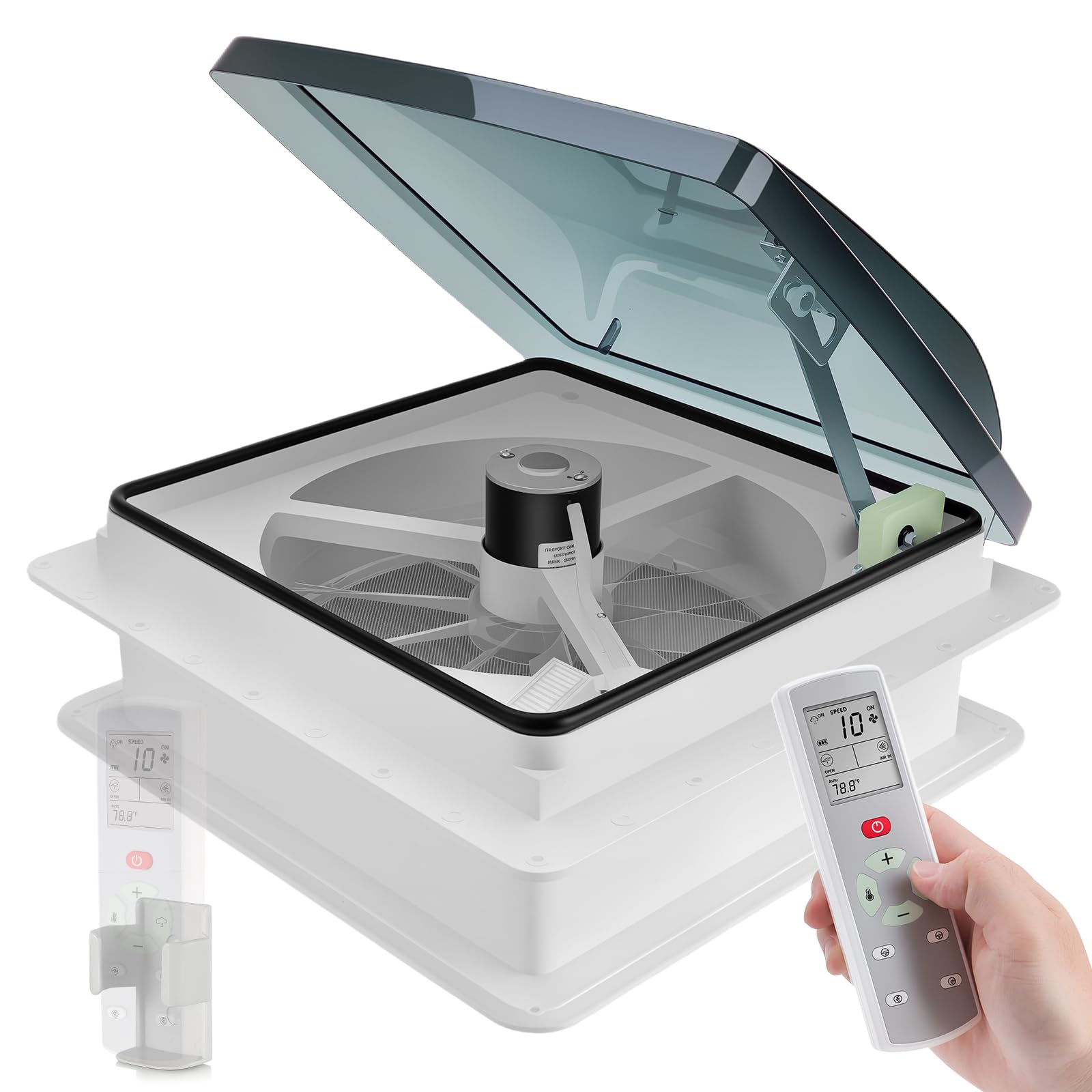 Wohnmobil Dachventilator mit Regensensor & Temperatursteuerung, 10-Stufen Lüfter, Ultra Leise 40 dB, 934 CFM Luftstrom, 36×36 cm Universal Dachhaube mit Fernbedienung & Insektenschutzgitter