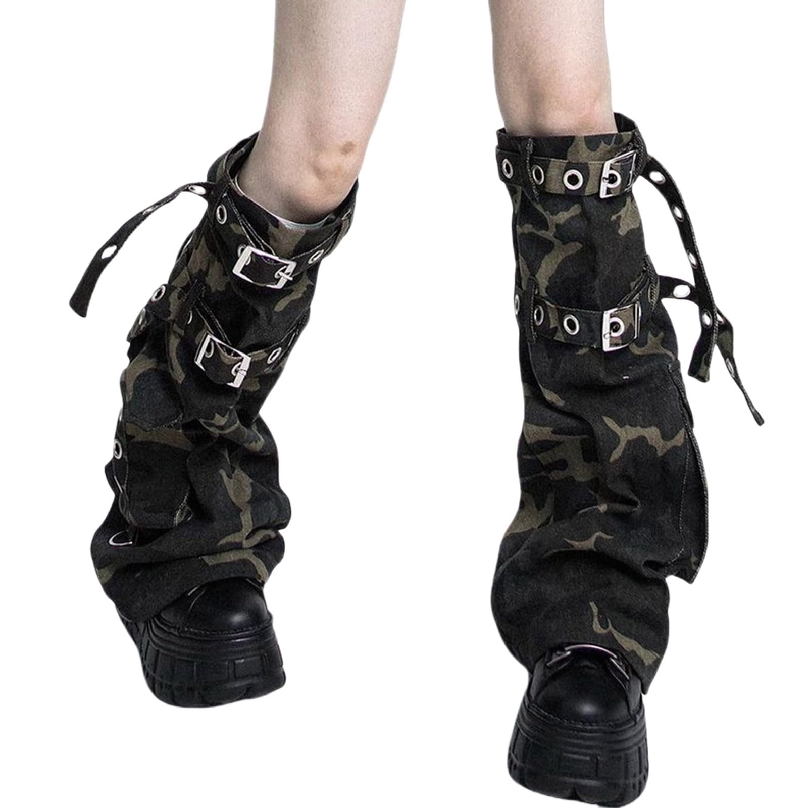 X-Institute Women Leg Sleeves Stockings With Metal Buckled Punk Camouflage Denims Leg Warmer Knee Highs Flared Leg Covers