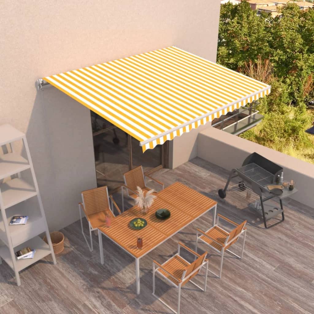 Auvent de terrasse jaune et blanc, store rétractable pour le jardin