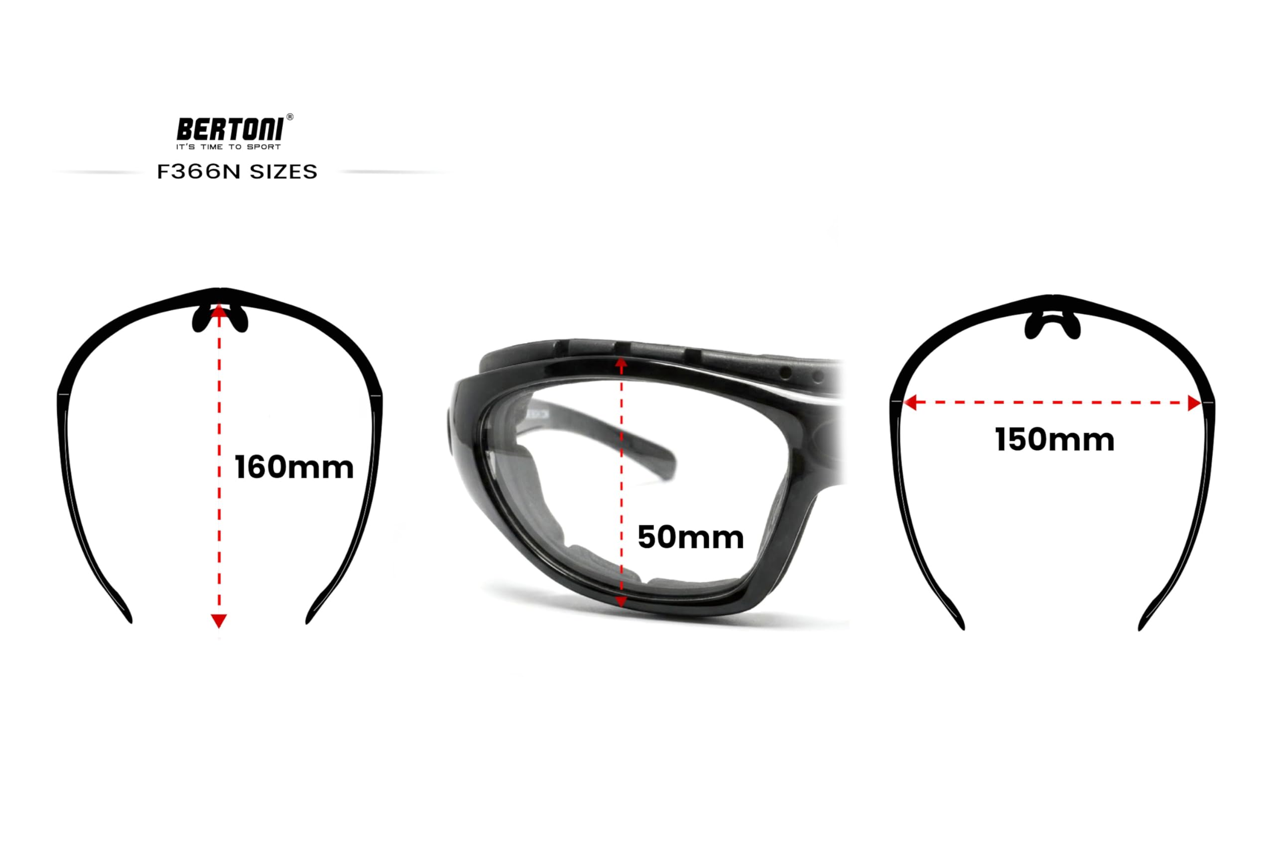 Bertoni Occhiali Fotocromatici Sportivi Antivento Avvolgenti 366 per Moto Sci Skydiving Sport Estremi - Aste ed Elastico intercambiabili