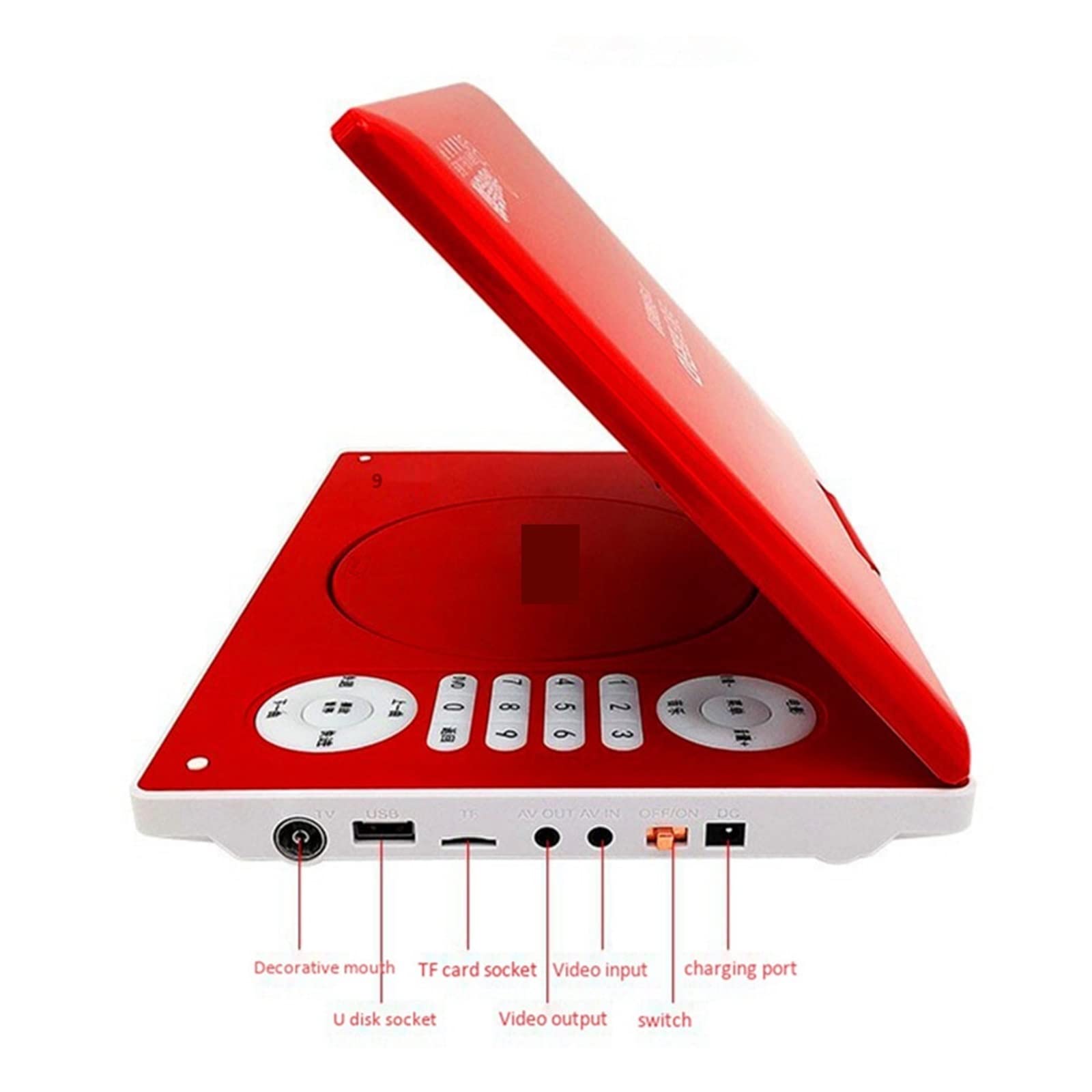 Lettore DVD Portatile, Portatile VCD DVD CD MP3 MP4 Lettore USB HD Schermo da 9 pollici Scheda U Riproduzione disco e uscita ingresso video Altoparlanti radio FM ,Compatibilità Multiformato(Rot)