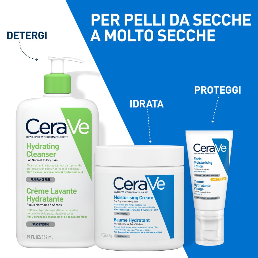 CeraVe Crema Idratante Viso e Corpo, Per Pelli da Secche a Molto Secche, Azione Protettiva e Ripristino della Barriera Cutanea, Con 3 Ceramidi e Acido Ialuronico + Routine Correlate a Questo Prodotto