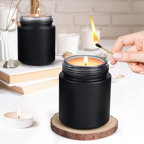 Miniatura 3 de Furnido Paquete de 6 tarros de vidrio redondos negros de 8 onzas, recipientes de vidrio vacíos para cosméticos con tapa de grano de madera de