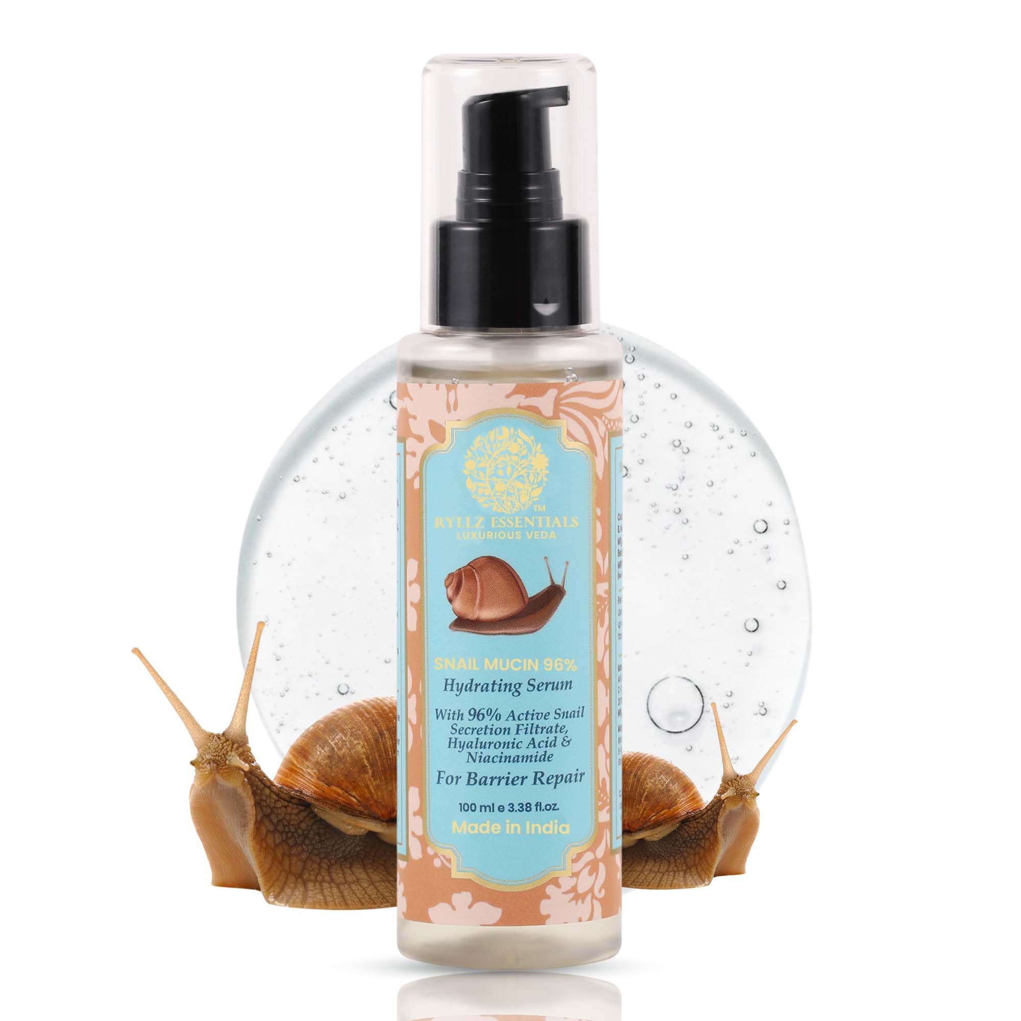 RYLLZ ESSENTIALS Snail Mucin 96% Power Repairing Essence | Face Serum | with 96% Snail Secretion Filtrate, 5% Niacinamide, Hyaluronic Acid & Betaine | for Intense Hydration, Barrier Repair, Glowing Skin, Blemishes, Anti Aging, Skin Firming, Wrinkles & Spot Correction | Fragrance Free | Korean Skincare | 100ml