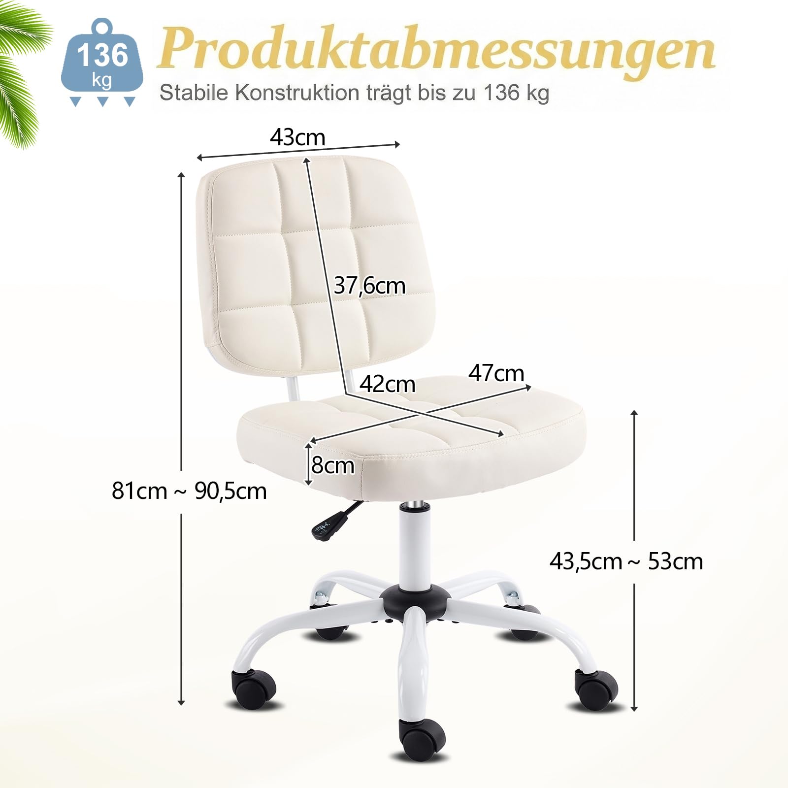Bonnlo Bürostuhl ohne Armlehne, Kleiner komfortabler schreibtischstuhl mit Rollen, Drehstuhl Höhenverstellbar für Büro, Schlafzimmer, Arbeitszimmer, Schminkstuhl aus Leder, Weiß