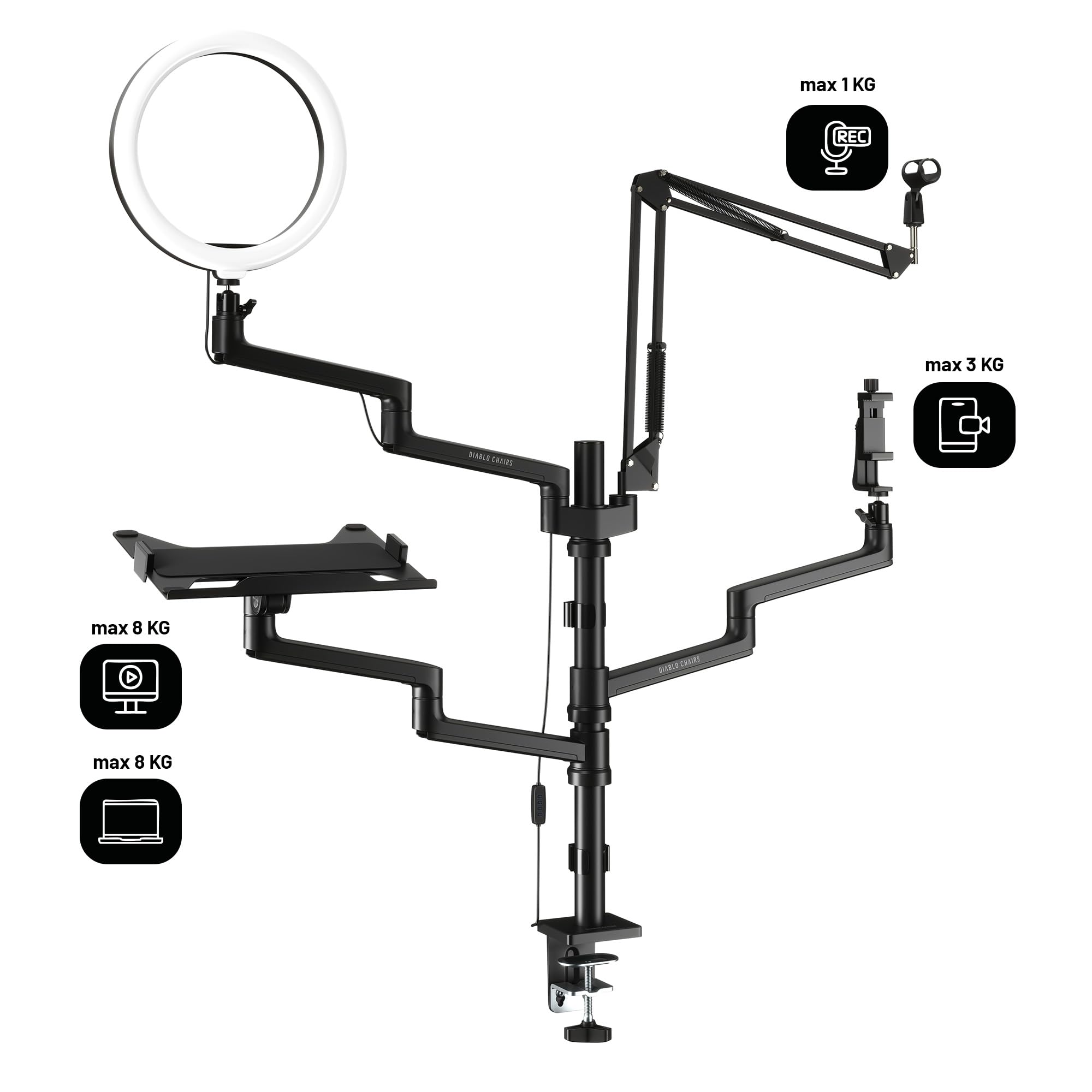 Diablo X-Stream Trípode de Mesa para Streaming | Brazo de Streaming| Soporte para transmisión en Vivo, Soporte para Cámara, teléfono móvil, micrófono, portátil, Monitor | 4 Brazos