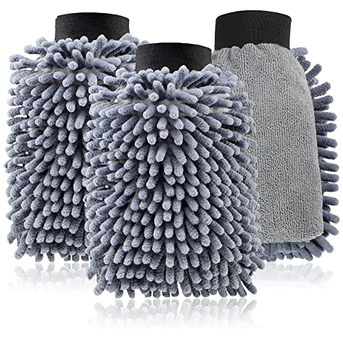 COM-FOUR® 3X washandschoen voor voertuigen en huishouden - microvezelhandschoen - chenille handschoen - schoonmaakhandschoen voor autoverzorging, autowassen en ramenwassen...