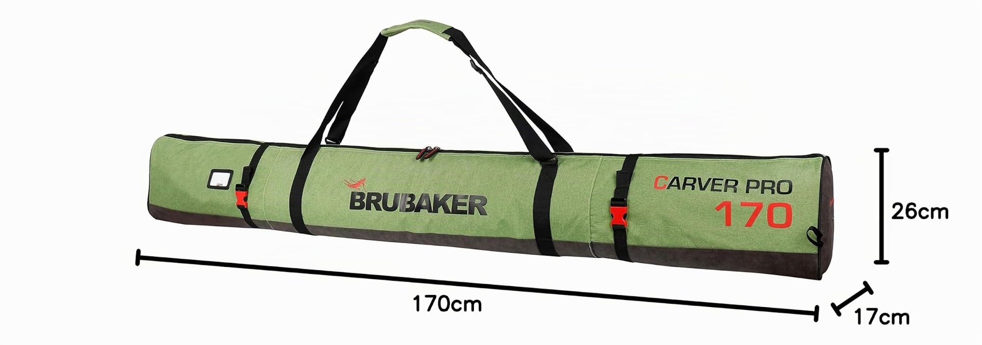 BRUBAKER Skitasche Carver Performance Schwarz Grün - Gepolsterter Skisack für 1 Paar Ski und Stöcke - Reißfester Ski Bag - 170 cm oder 190 cm