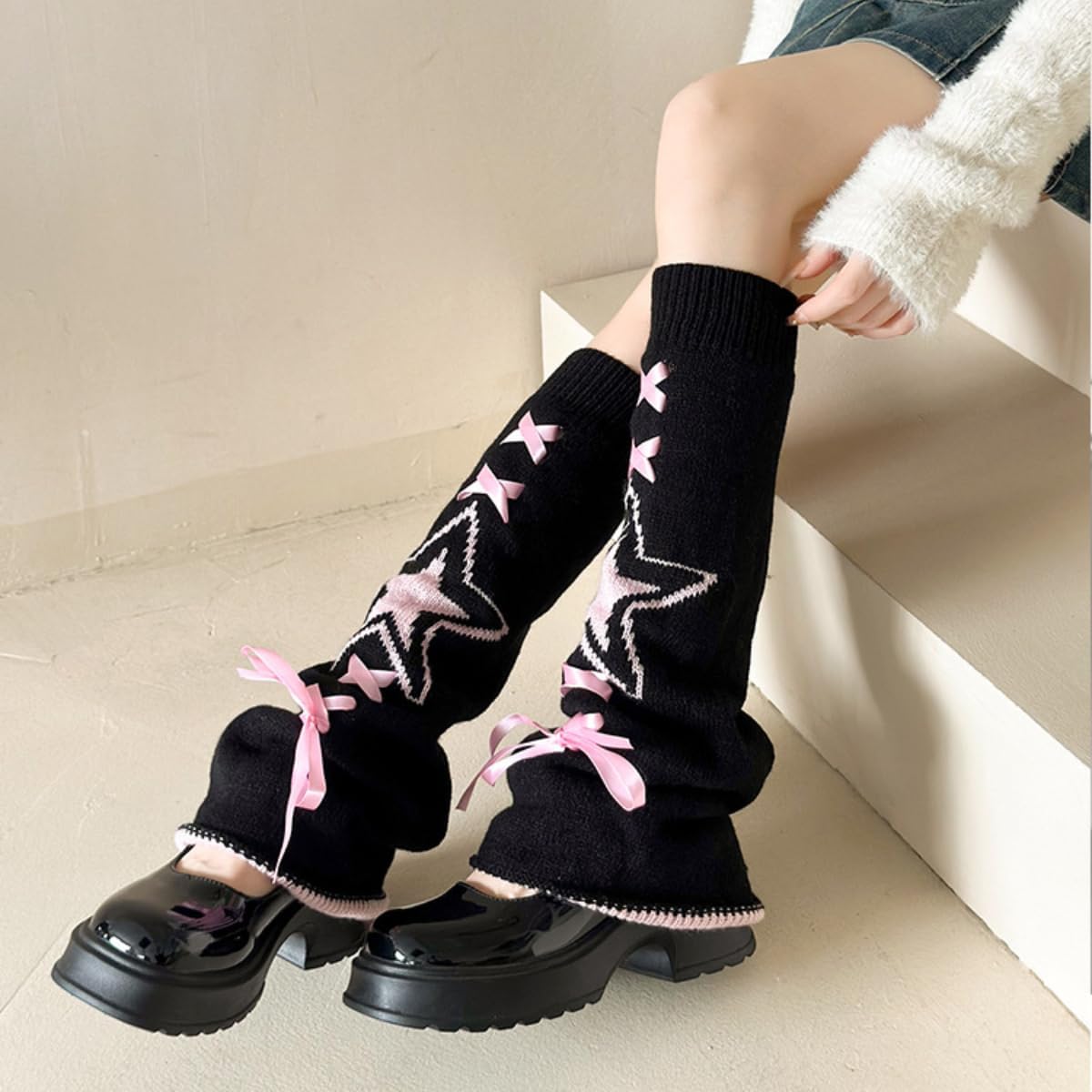 Y2K - Calentadores de piernas para mujer, diseño de estrellas con lazo, calcetines de punto kawaii, góticos japoneses, calentadores Lolita