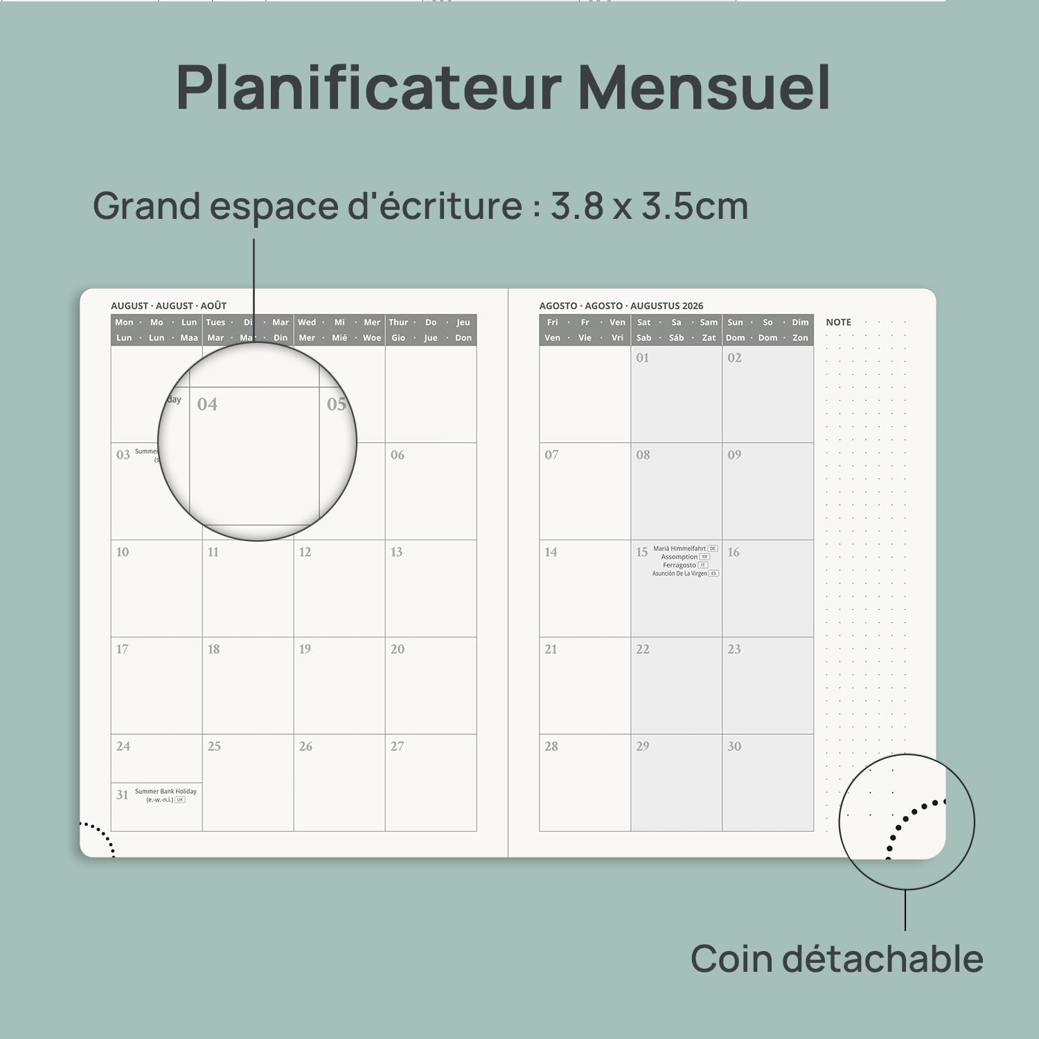 POPRUN Agenda 2026 2027 Semainier Vertical 22 x 16,5cm 17 Mois Planner Scolaire Couverture Souple PU Cuir Vert-Gris
