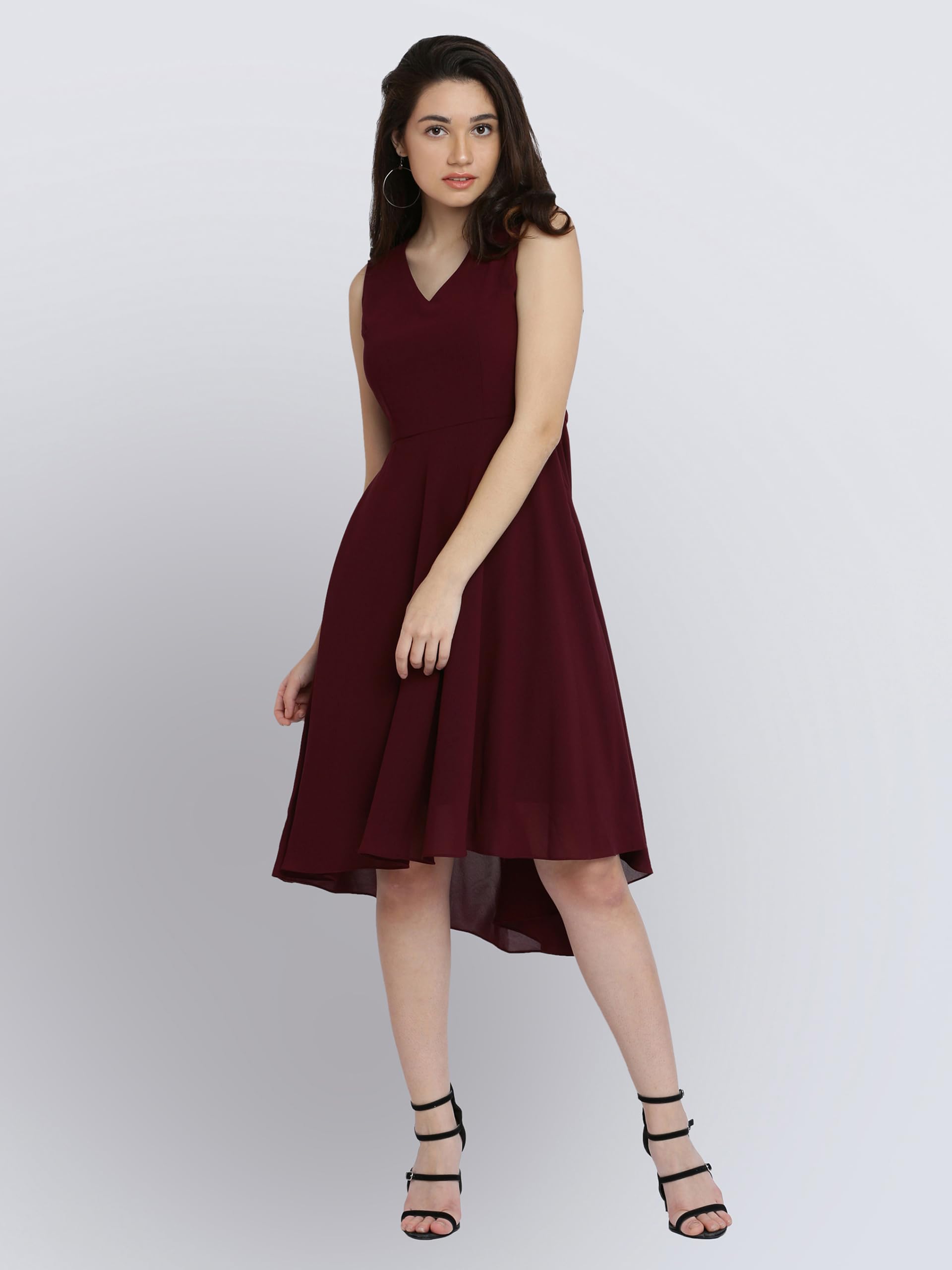 Miss Chase Women's Wine Red High-Low Midi Skater Dress(Mcaw17D10-34-56-03_Wine Red_Small)