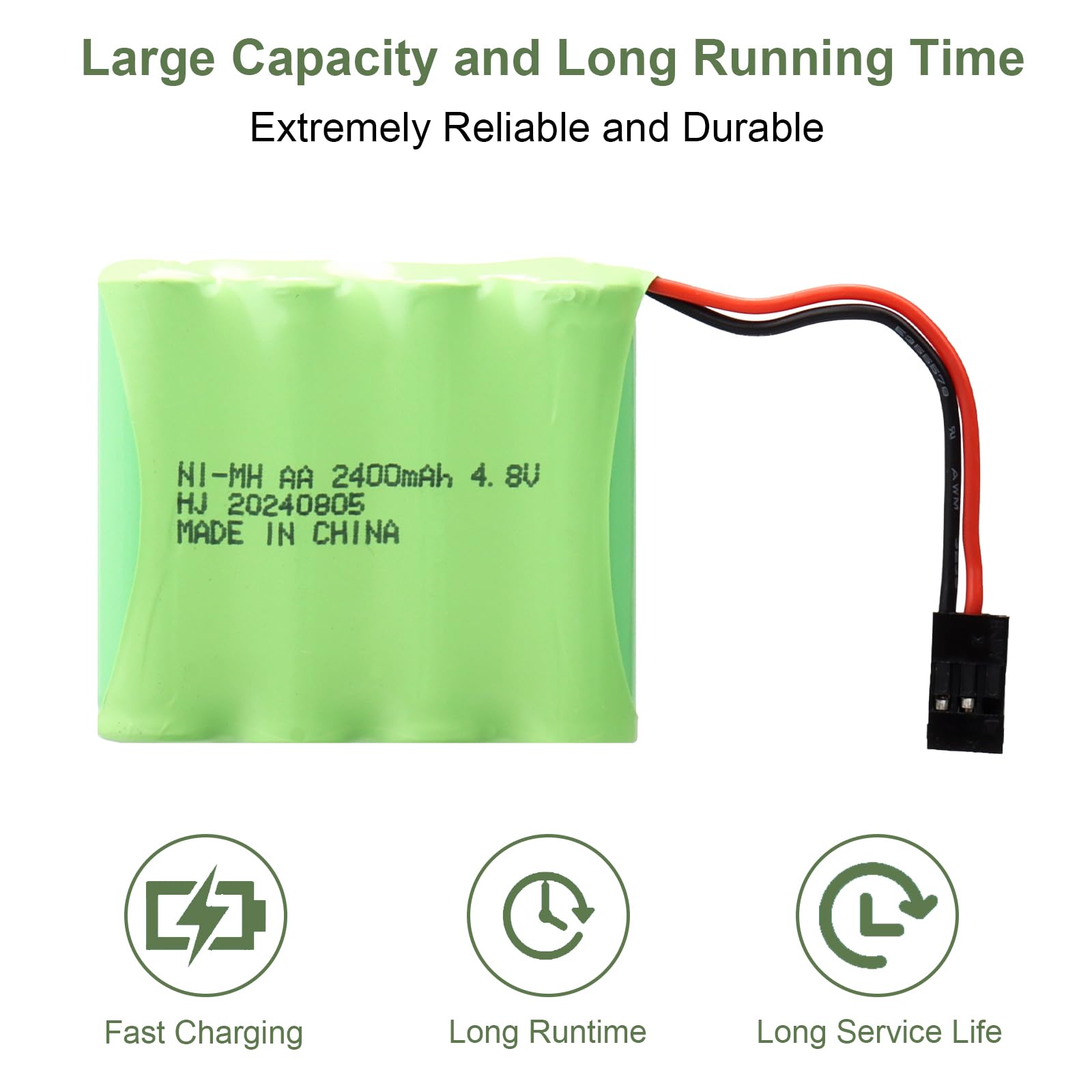 Lot de 2 Batteries NiMH RC 4,8 V 2 400 mAh avec connecteurs Hitec, Batterie Compatible avec contrôleur d'avion RC Futaba, Avions RC, récepteur d'hélicoptère RC, Futaba, JR et Autres modèles