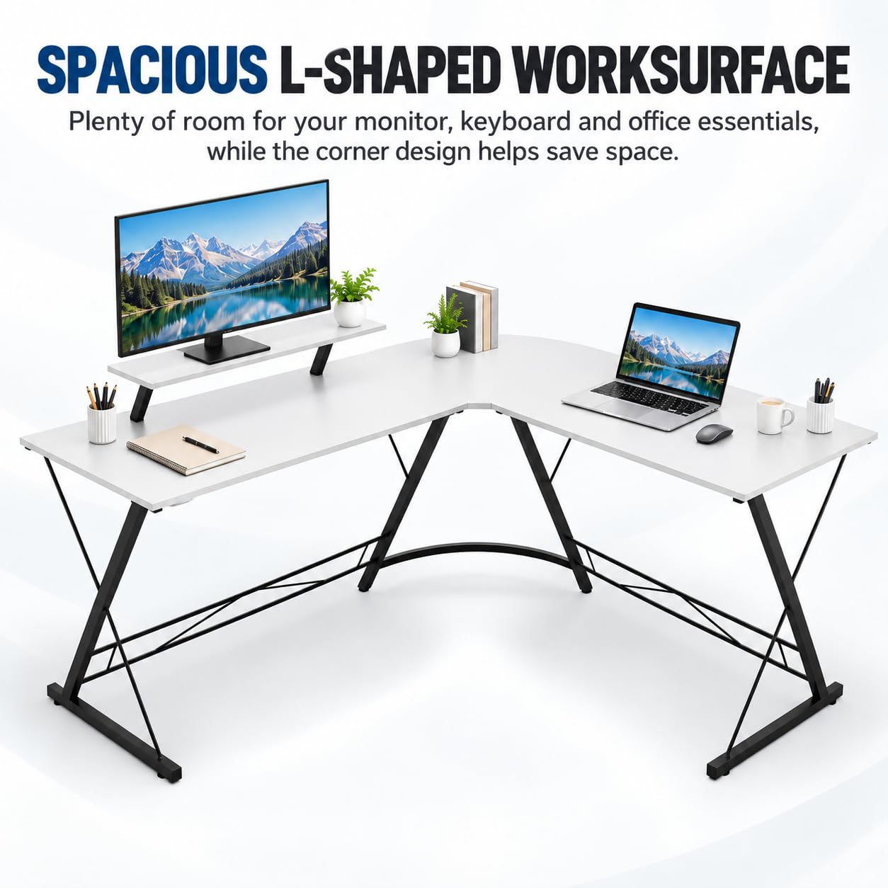 Biurko Narożne L z Podstawką pod Monitor, Gaming PC white