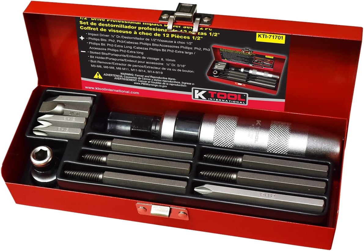 K Tool International 71701 1/2 Inch Drive Hardened Alloy Steel Impact Driver Set, 12 Piece Set Includes Screw Extractors, Ideal Kit to Loosen Rusted Nuts and Screws