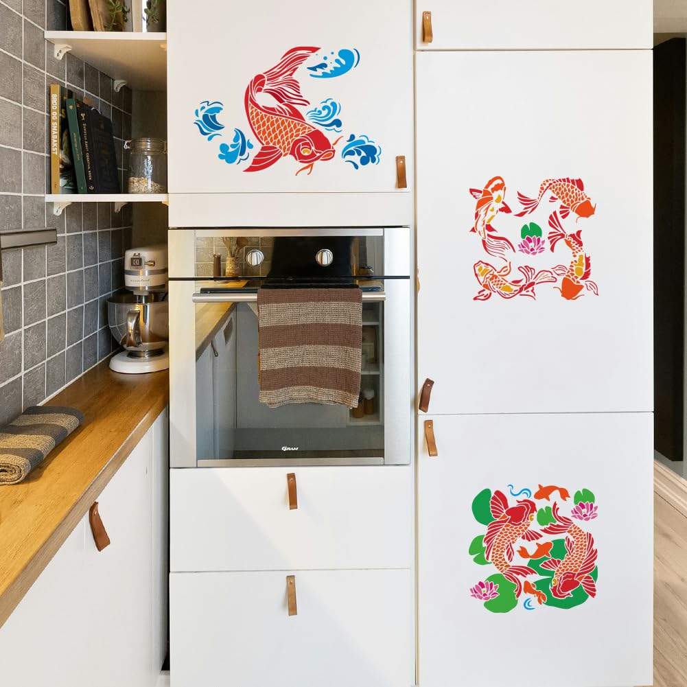 FINGERINSPIRE 12 plantillas de pintura de peces koi con 1 pincel de plástico reutilizable, 12 estilos, plantilla decorativa de peces orientales, plantilla Koi de la suerte para pintar en pared,