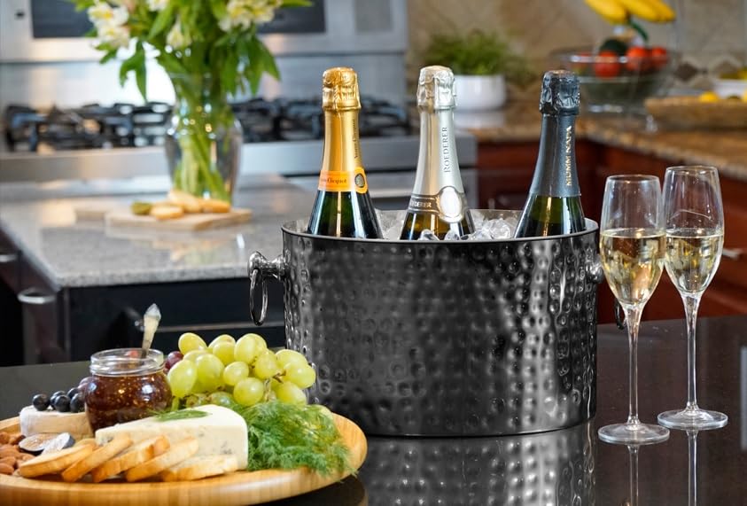 Chic Chill 3-Bottle Wine Chiller Ice Bucket | Keeps Wine & Champagne Bottles Cold Without Touching Ice | Handcrafted Artisan Design | Burnished Black | Patented Technology