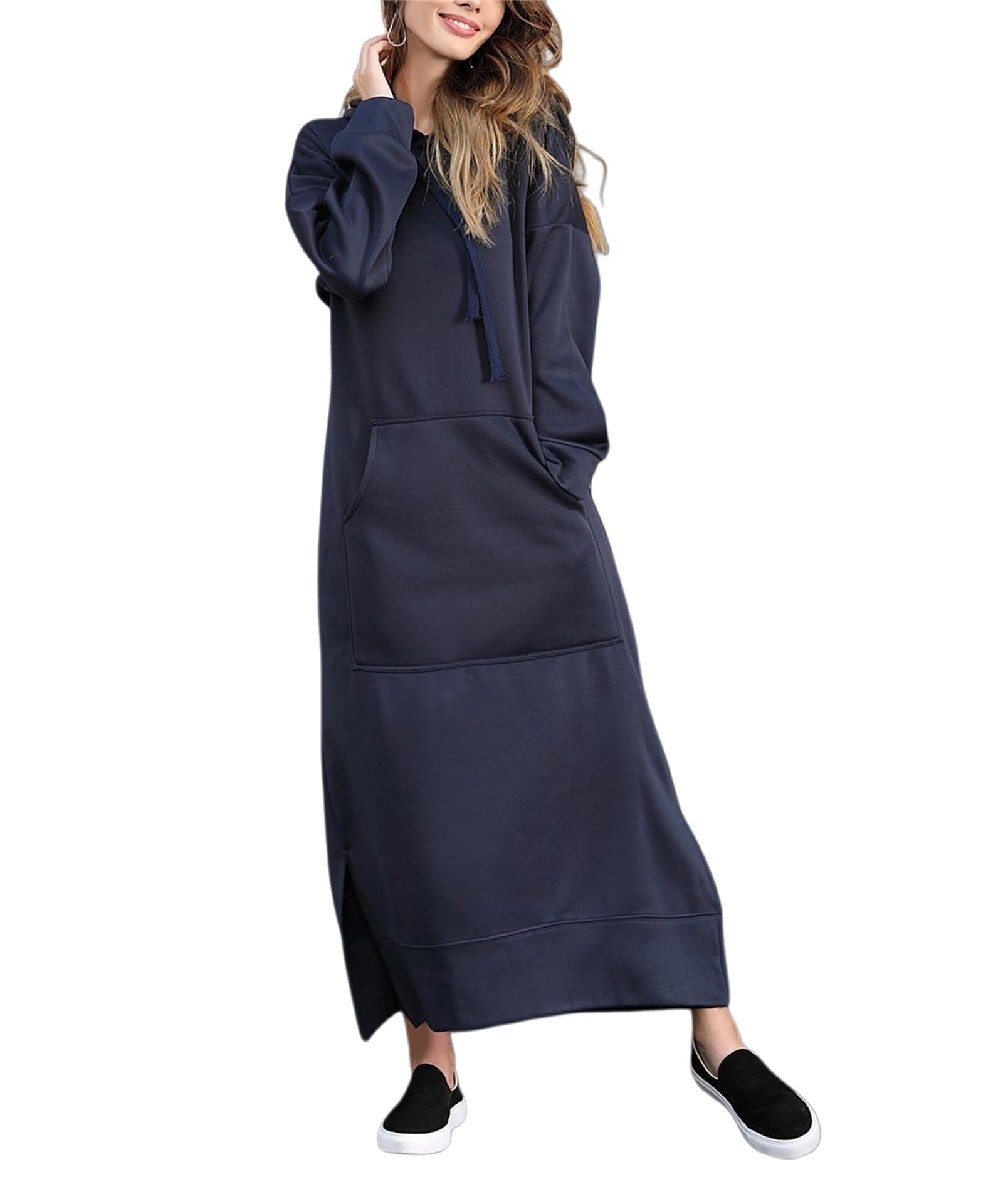 Damska bluza maxi, sukienka zimowa, jesień, luźna, jednokolorowa, z długim rękawem, polarowa, z kieszenią kangurką.