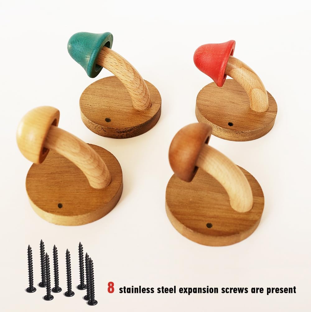 Wooden Mushroom Coat Hooks, Mushroom-Shaped Coat Hangers, Wall Mounted Towel Hanger, Solid Wood, Colorful, Set of Hooks with Screws (4 Hooks & 8 Screws)