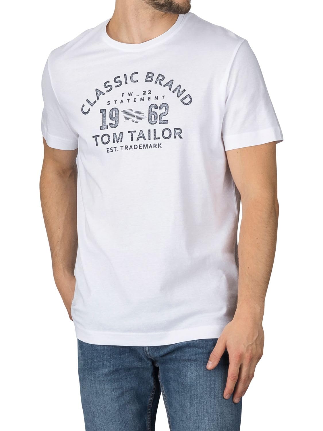 TOM TAILOR Lot de 4 t-shirts à col rond et manches courtes pour homme Coupe droite Imprimé été 100 % coton Noir Blanc Vert Rouge Bleu Gris