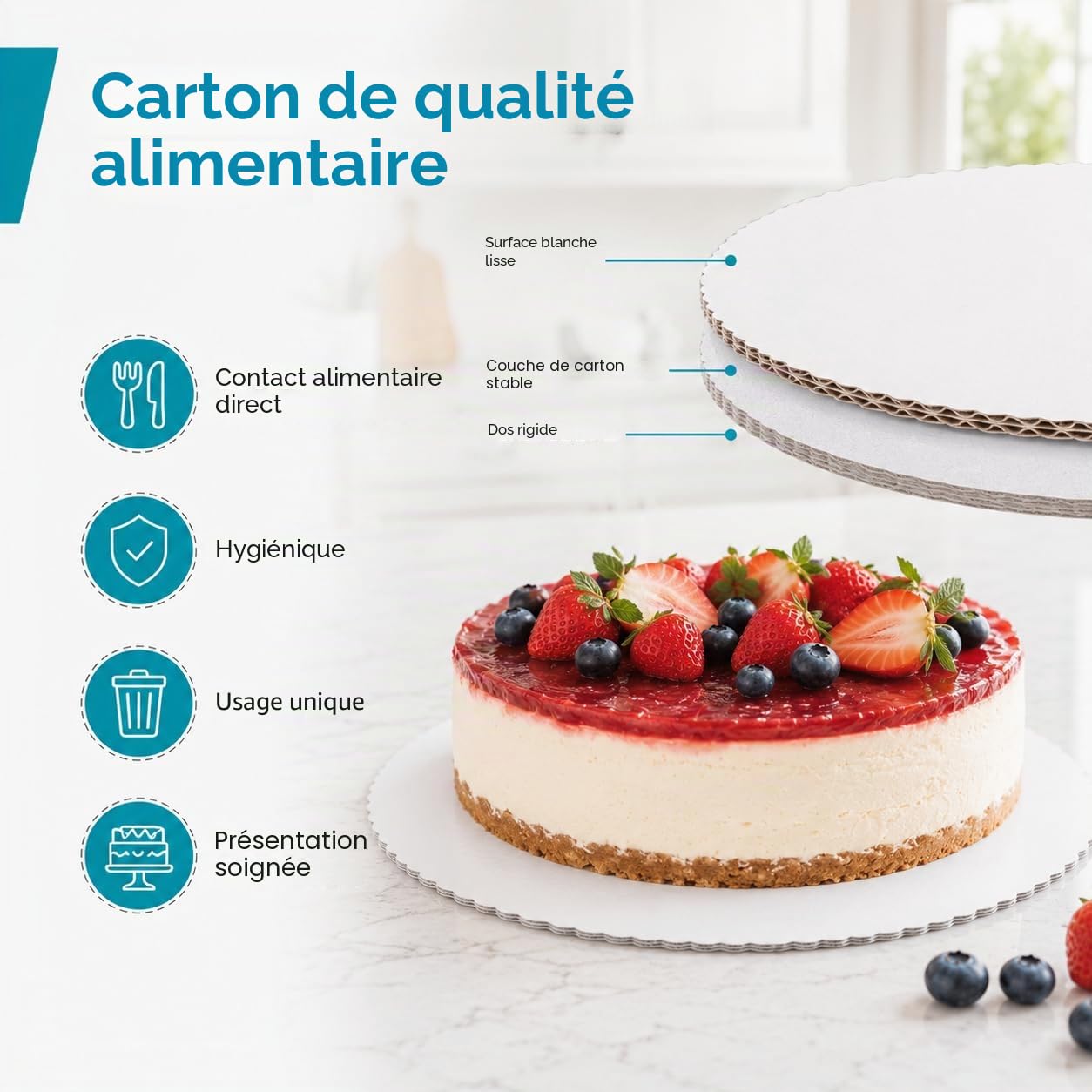 Commerline 100 Pièces Supports à Gâteau | Ronds, Ø 32 cm | Blancs | Carton Épais | Jetables | Tartes et Cheesecakes | Présentation Professionnelle | pour Gâteaux, Fêtes et Horeca