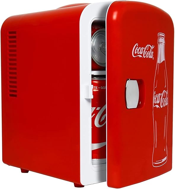 Coca Cola Mini Fridge 4 Liter/6 Can Portable Fridge/Mini Cooler Refrigerator for Food Beverages Drinks Cosmetics Skincare For Home Bedroom Office Dorm Car Boat, AC & DC Plugs Included, Red Coke Bottle