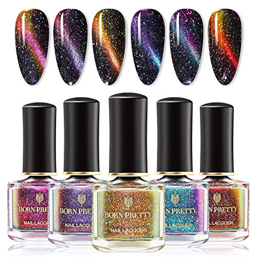 Born Pretty Magnetic Nail Polish Holographic Gorgeous Fingers Nails Polish for Women and Girls, 6 Bottles Set