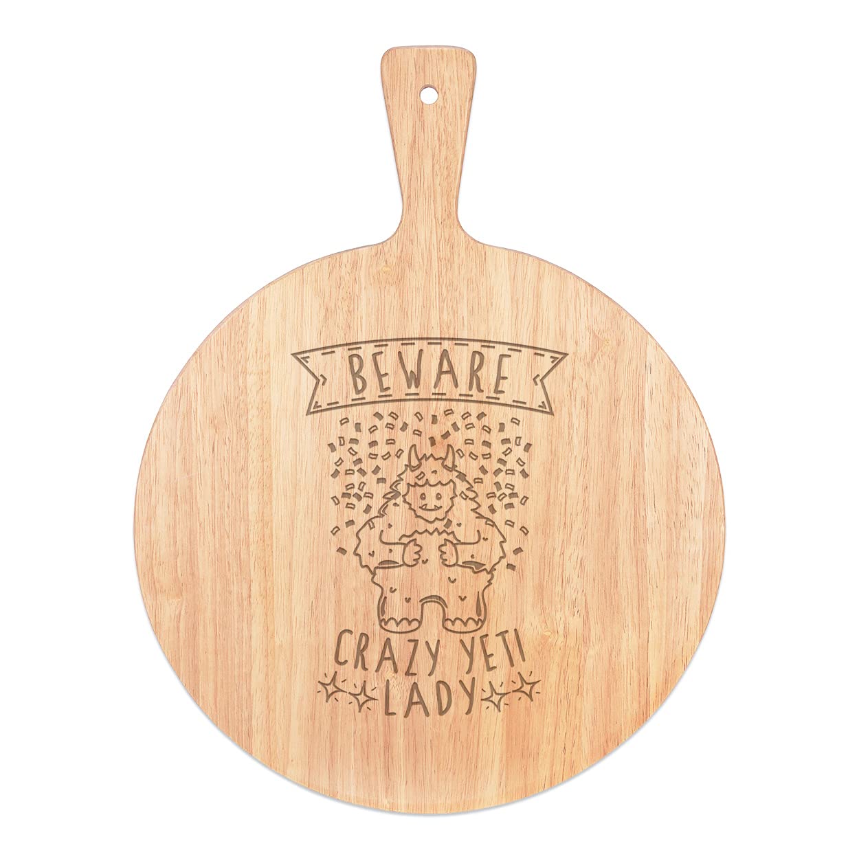 Plateau bois rond Attention Fou Yeti au design authentique pour le service de pizza