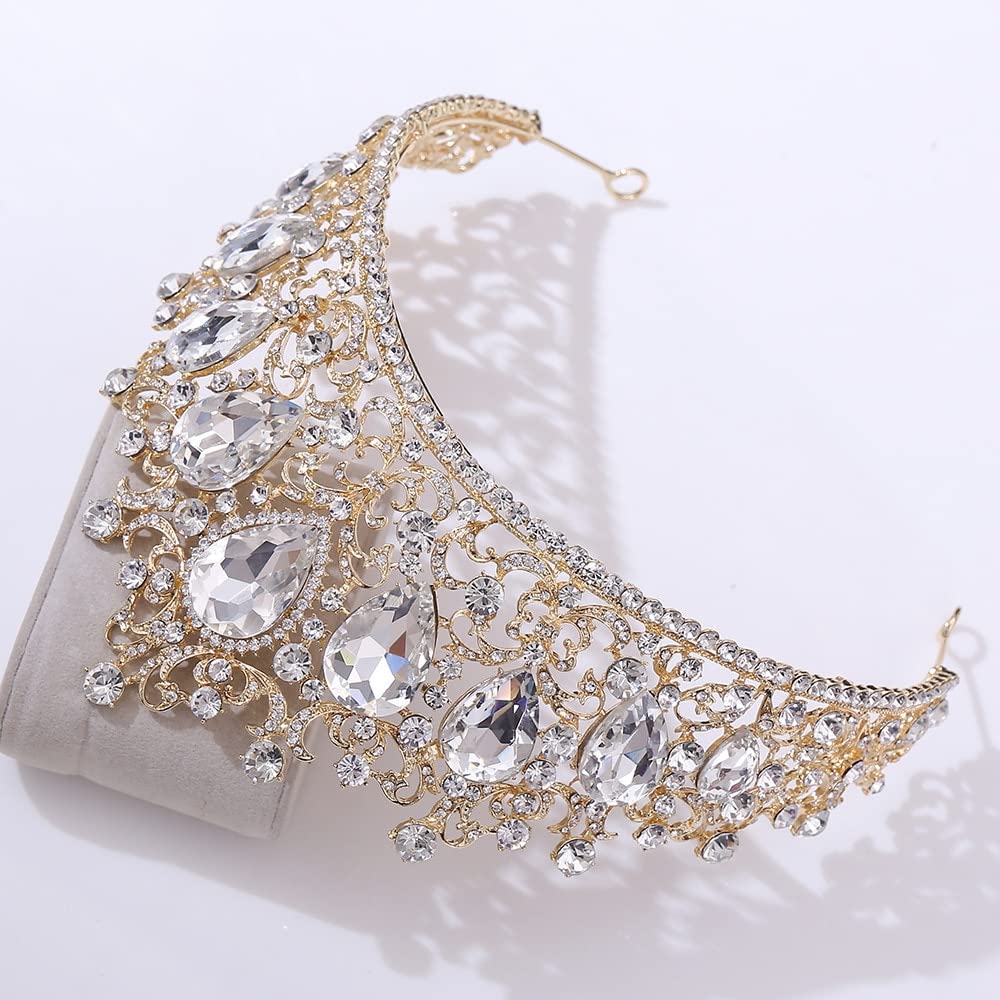 Ręcznie robione barokowe kolorowe kryształowe tiary korony duże Rhinestone Diadem welon Tiara opaski ślubne ślubne akcesoria do włosów obręcz do włosów (kolor metalu: złoty czerwony)