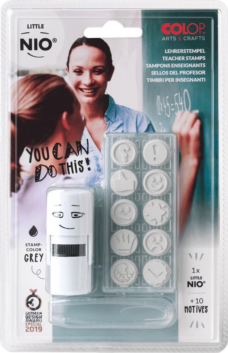 Colop Little NIO Teachers Stamp - Round Rubber Stamp - 10 Designs, 2 Ink Pads - Made in Europe