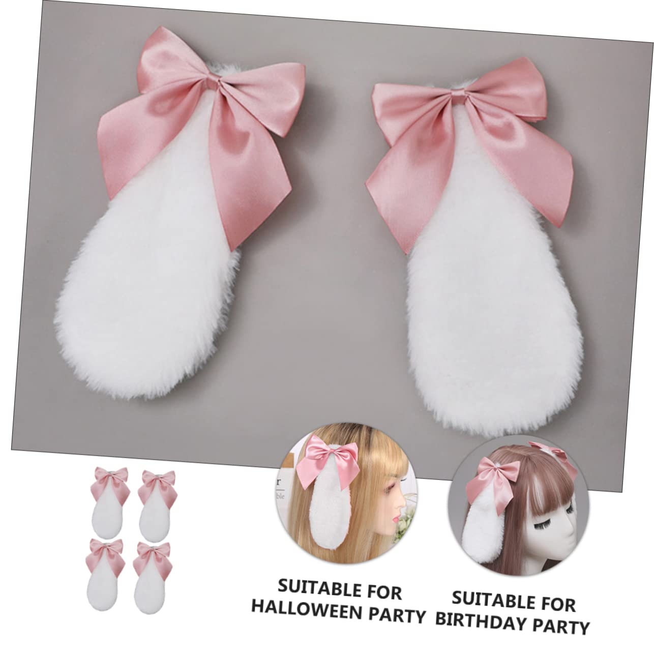 Lurrose 4pcs bunny ear hair clip bunny plush headpiece clip on bunny ears animal ears headpiece halloween bow hair clip animal hair clips Cosplay Hair Accessories fluff rabbit pin - Image 3