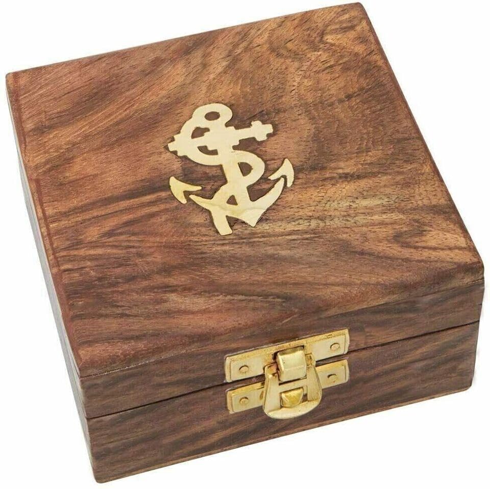 Brújula Náutica Vintage de Latón con Caja de Madera 2 Pulgadas miniatura 2