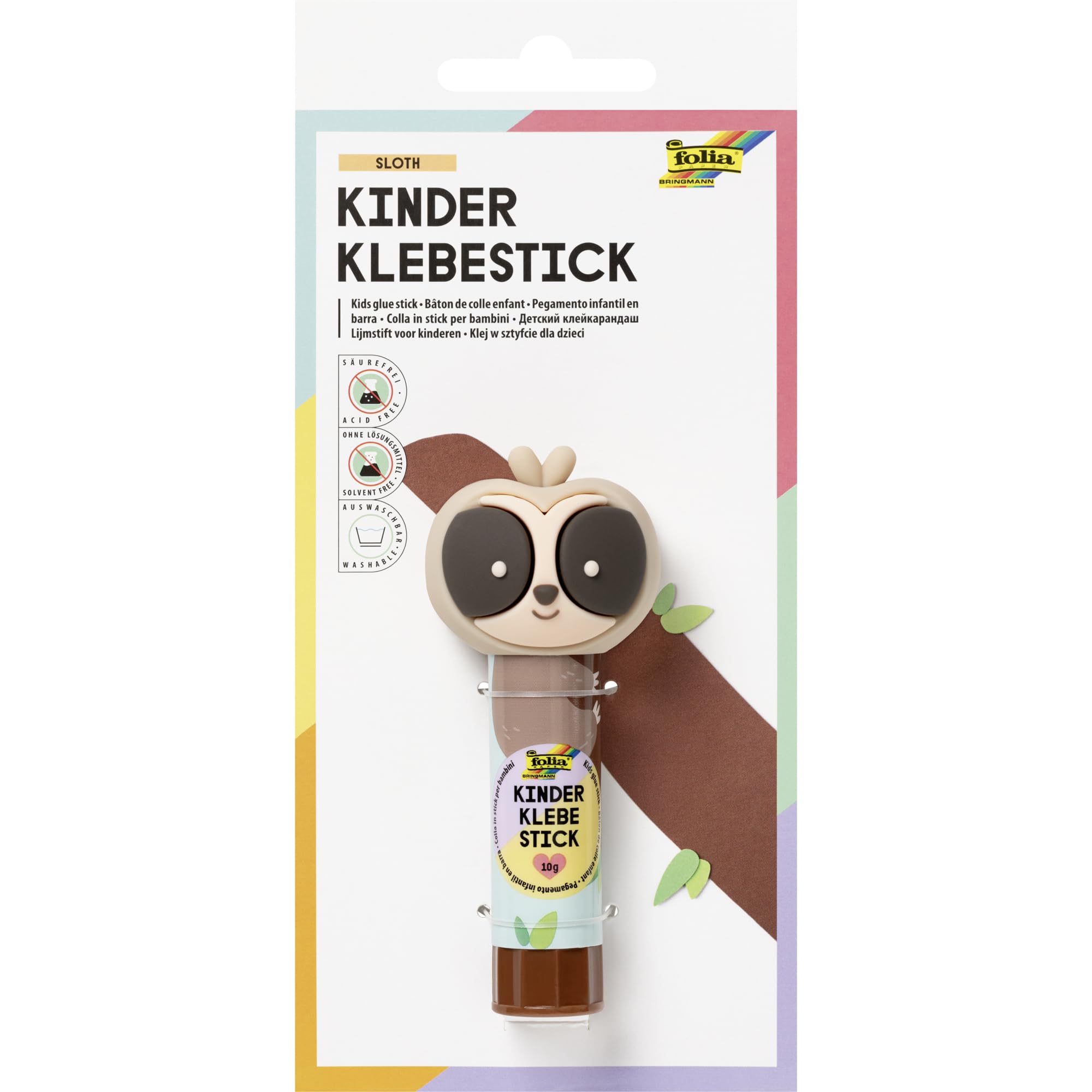 folia 2413 Children's Glue Stick Sloth, 10 g, Colourless Glue Stick with Sloth Motif and 3D Cap, Acid and Solvent-Free, Child-Friendly Glue for Paper and Cardboard
