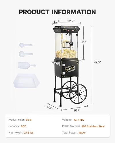 Miniatura 6 de Carro de máquina de palomitas de maíz mejorado 2025 de 8 onzas, máquina para hacer palomitas de maíz con hervidor de acero inoxidable que hace hasta